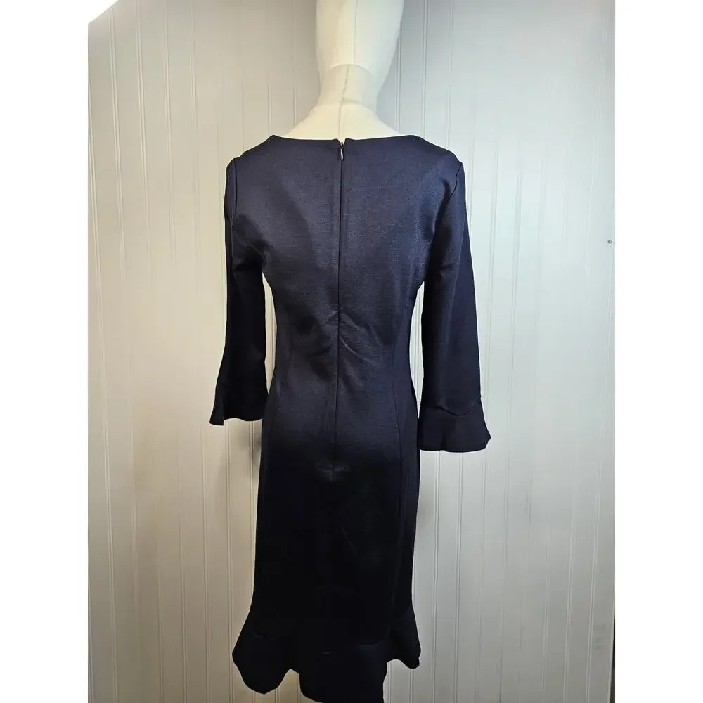 Talbots Flounce Refined Ponte‎ Sheath Dress Women’s Size 4P Navy Blue